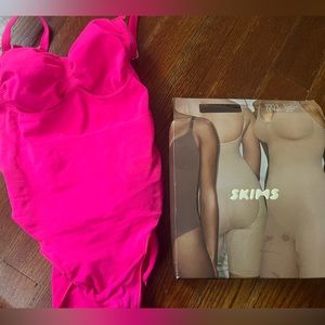 Skims flamingo pink sculpting bodysuit brief with snaps